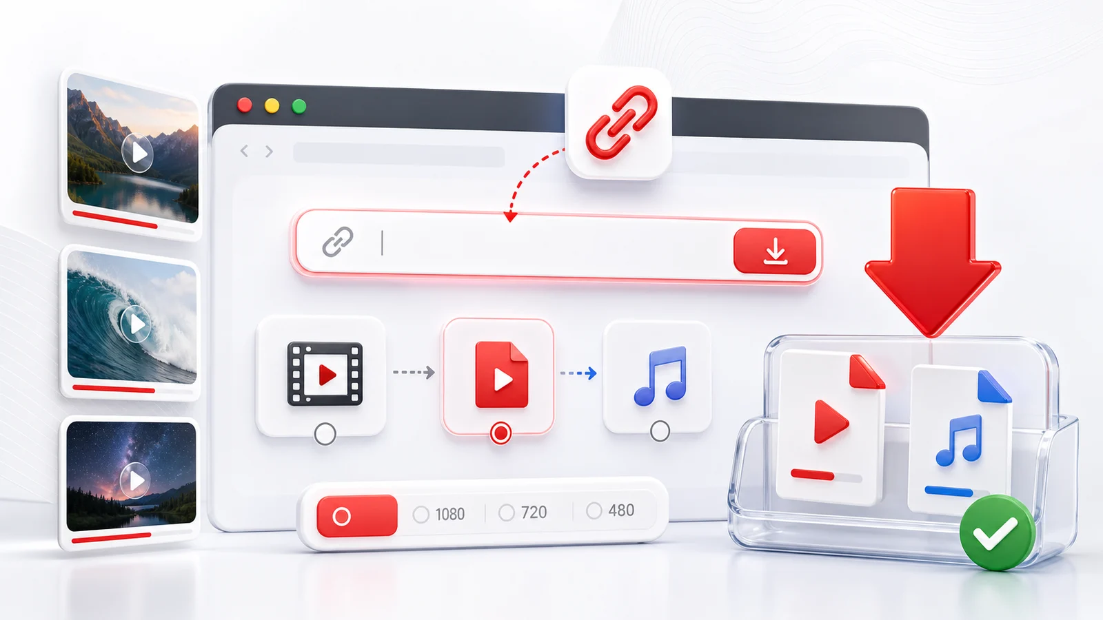 A clean visual workflow for pasting a video link, choosing a format, and saving video or audio files with Any4K.
